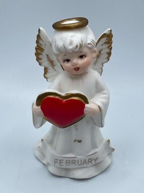 Vintage Lefton Porcelain March Birthday Angel Figurine Holding Red Heart 1952